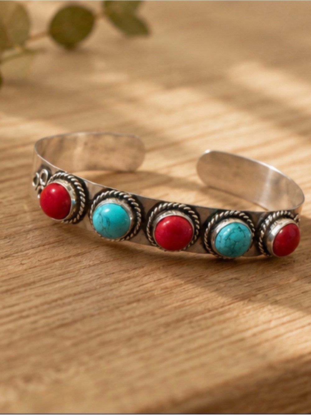 Silver Cuff Bracelet with Turquoise and Red Stone Accents - Picture 2 of 8